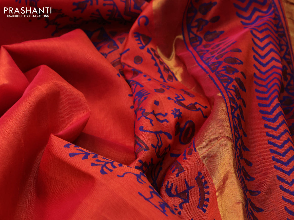 Silk cotton block printed saree dual shade of orange with allover warli prints and zari woven border