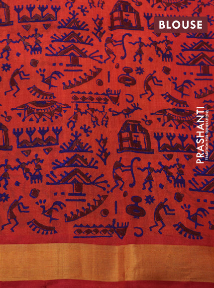 Silk cotton block printed saree dual shade of orange with allover warli prints and zari woven border