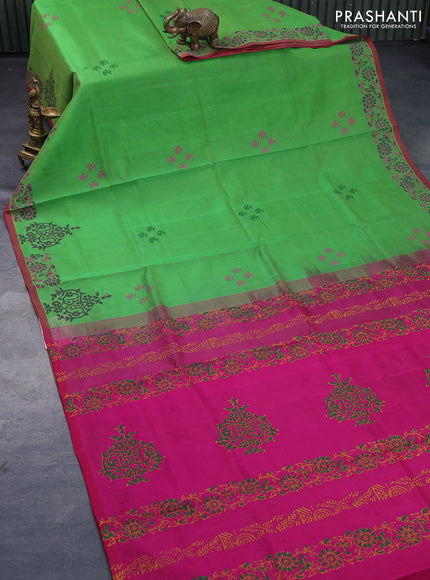 Silk cotton block printed saree light green and pink with butta prints and printed border