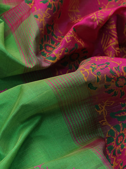 Silk cotton block printed saree light green and pink with butta prints and printed border