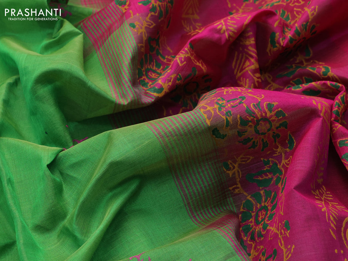 Silk cotton block printed saree light green and pink with butta prints and printed border