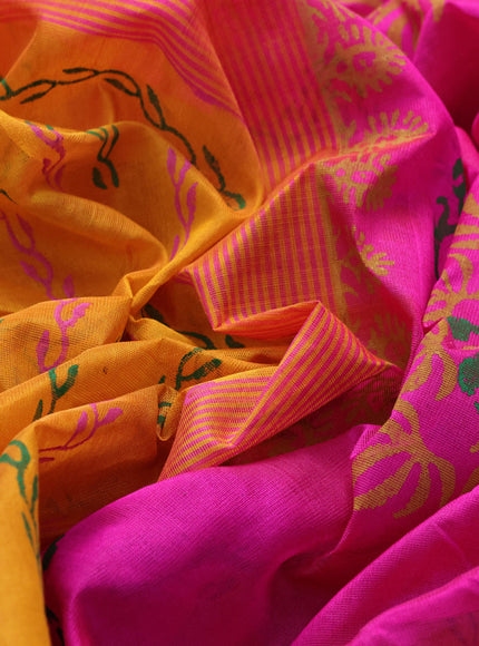 Silk cotton block printed saree mustard yellow and pink with allover prints and zari woven border