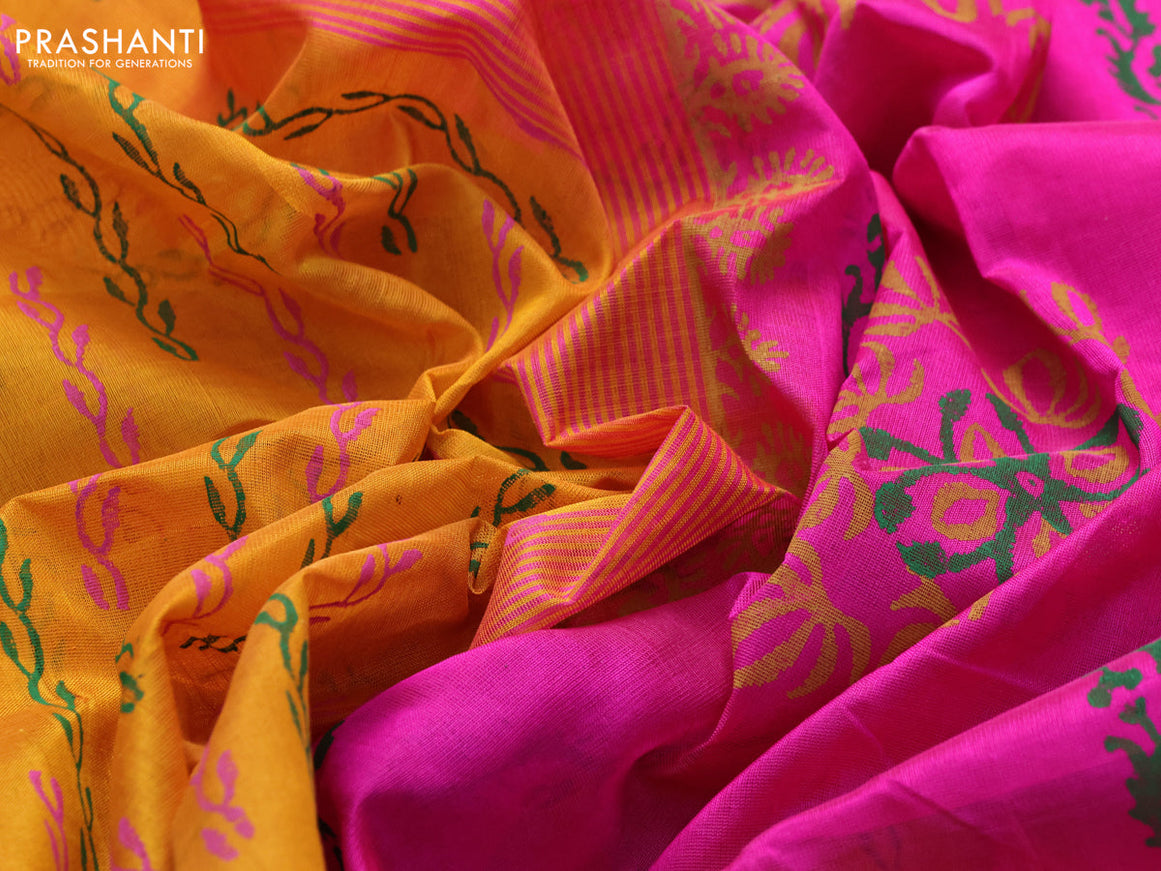 Silk cotton block printed saree mustard yellow and pink with allover prints and zari woven border