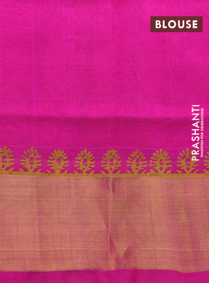 Silk cotton block printed saree mustard yellow and pink with allover prints and zari woven border