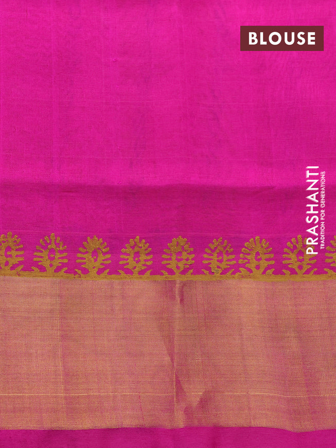 Silk cotton block printed saree mustard yellow and pink with allover prints and zari woven border