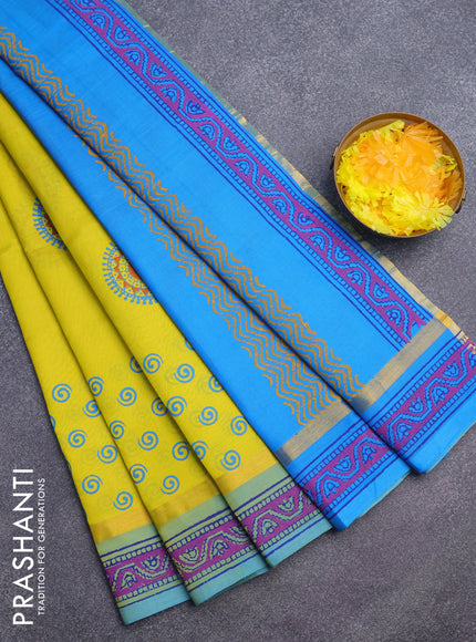 Silk cotton block printed saree lime yellow and cs blue with allover butta prints and zari woven simple border