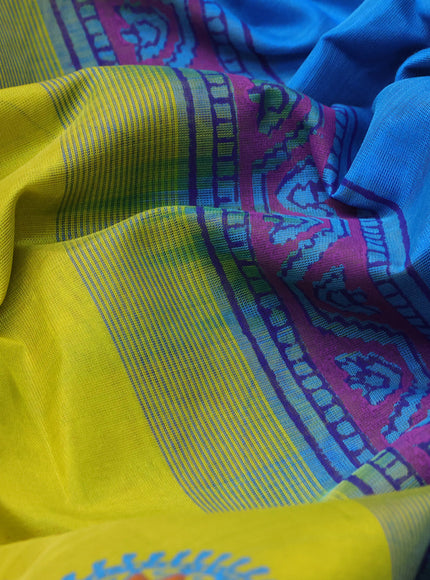 Silk cotton block printed saree lime yellow and cs blue with allover butta prints and zari woven simple border