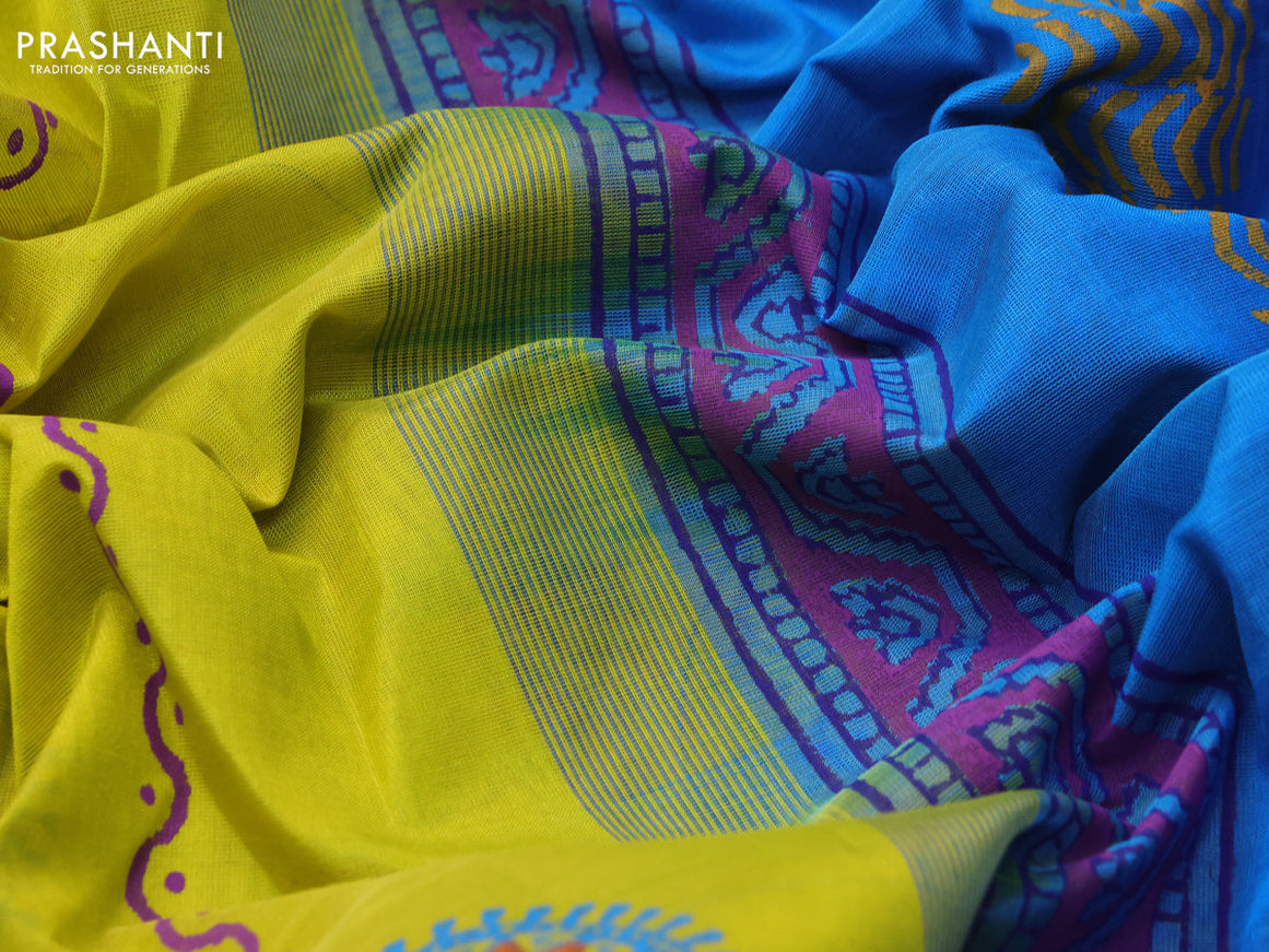 Silk cotton block printed saree lime yellow and cs blue with allover butta prints and zari woven simple border