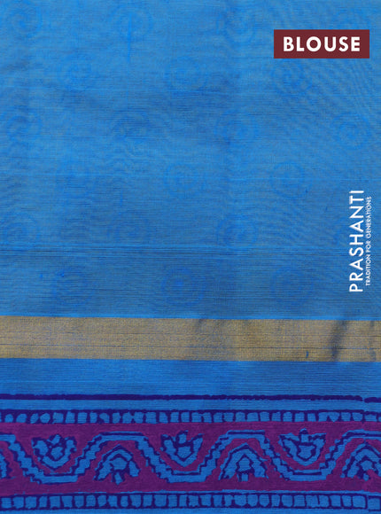 Silk cotton block printed saree lime yellow and cs blue with allover butta prints and zari woven simple border