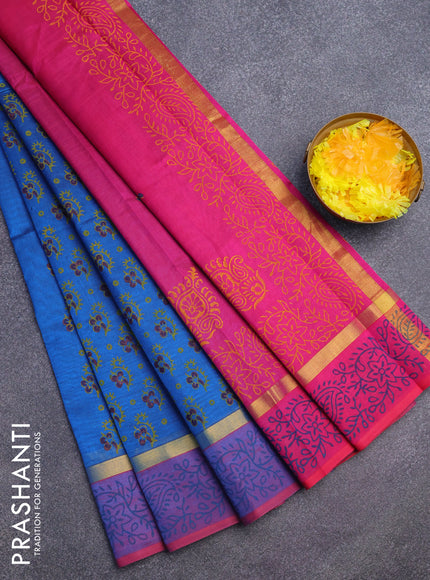 Silk cotton block printed saree cs blue and pink with allover floral butta prints and zari woven simple border