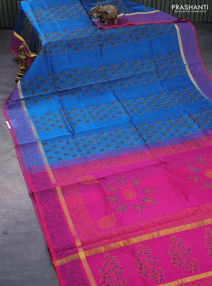 Silk cotton block printed saree cs blue and pink with allover floral butta prints and zari woven simple border