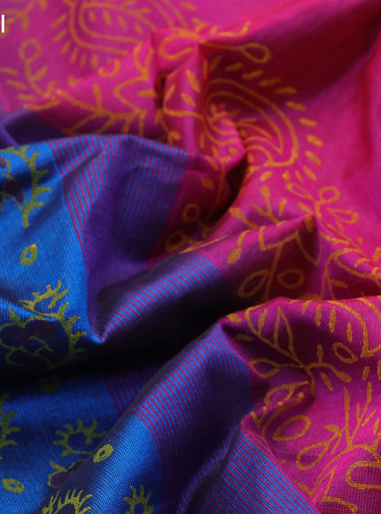 Silk cotton block printed saree cs blue and pink with allover floral butta prints and zari woven simple border