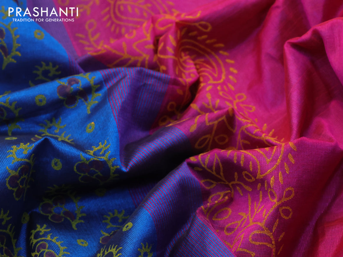 Silk cotton block printed saree cs blue and pink with allover floral butta prints and zari woven simple border