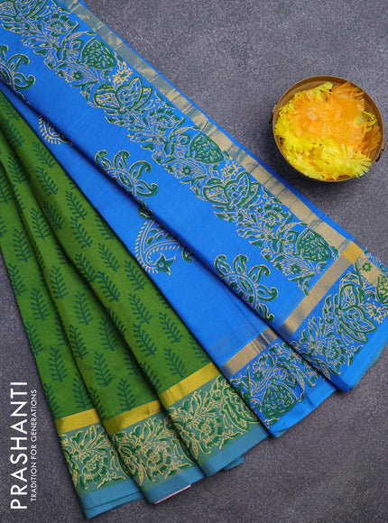 Silk cotton block printed saree green and cs blue with allover butta prints and zari woven simple border