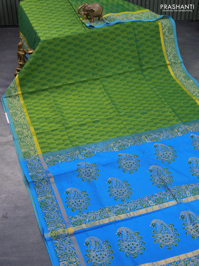 Silk cotton block printed saree green and cs blue with allover butta prints and zari woven simple border