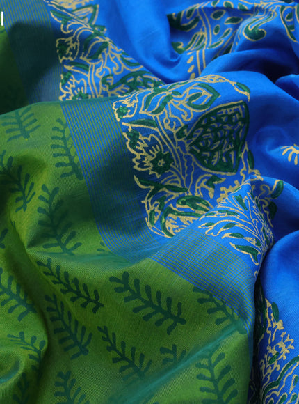 Silk cotton block printed saree green and cs blue with allover butta prints and zari woven simple border