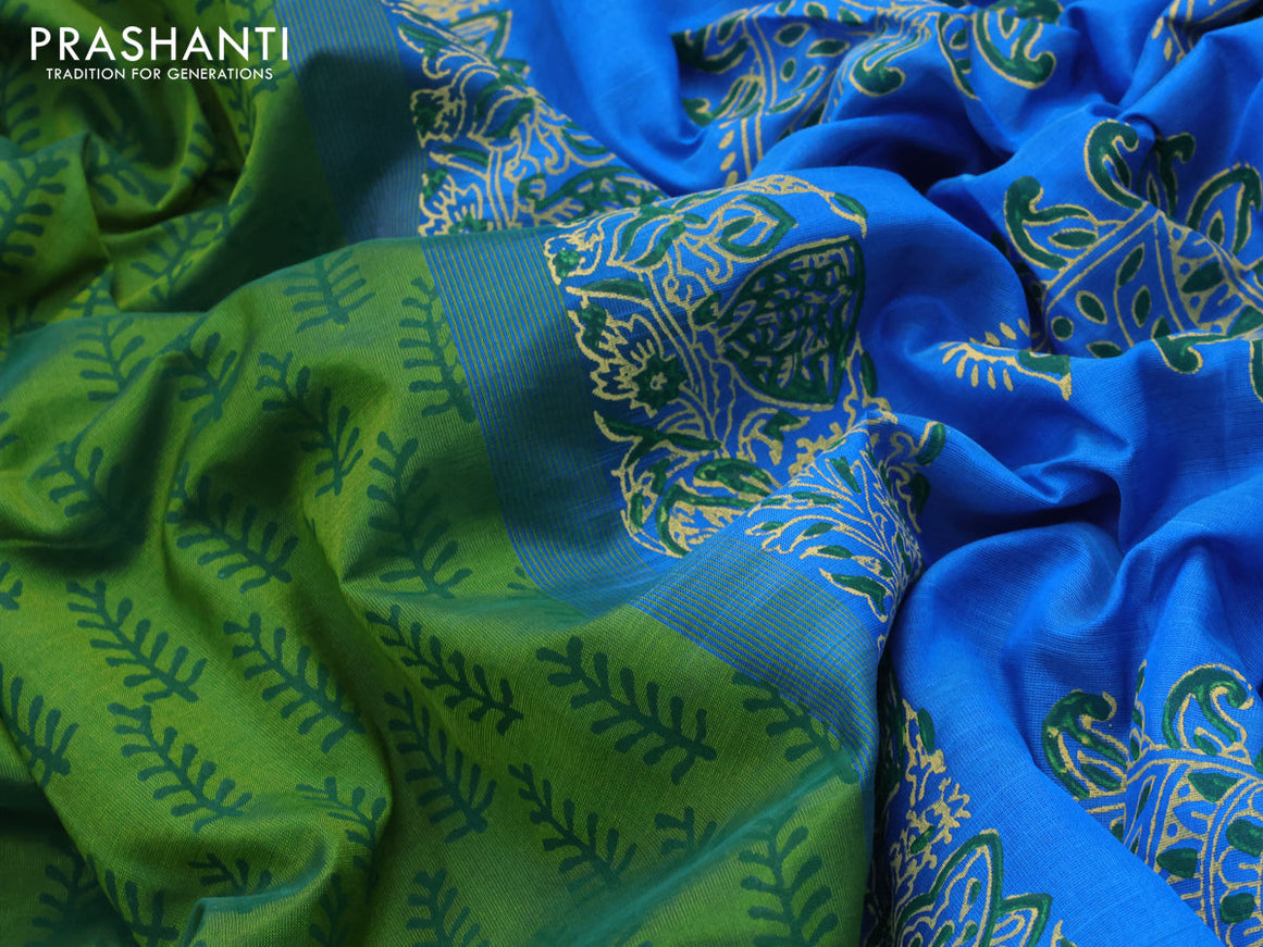 Silk cotton block printed saree green and cs blue with allover butta prints and zari woven simple border