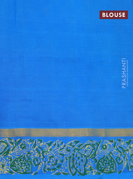 Silk cotton block printed saree green and cs blue with allover butta prints and zari woven simple border