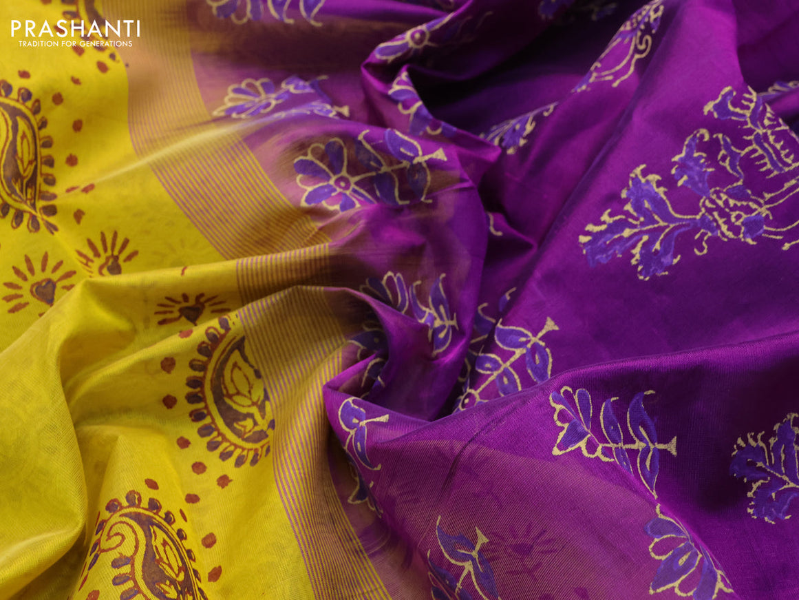 Silk cotton block printed saree yellow and purple with paisley butta prints and zari woven simple border