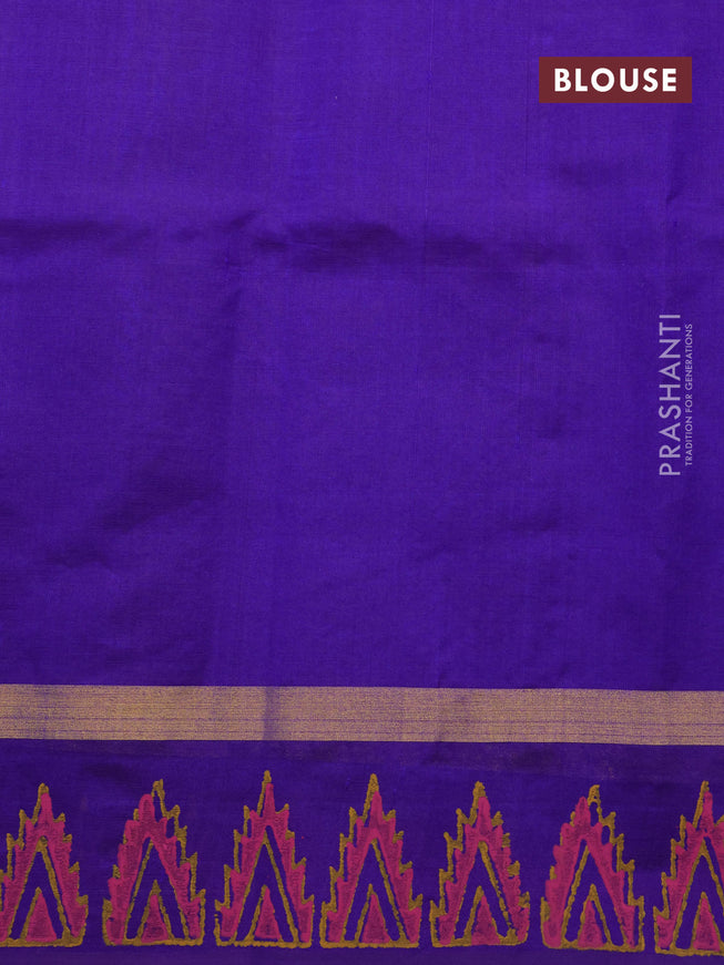 Silk cotton block printed saree sadal and blue with allover prints and zari woven simple border