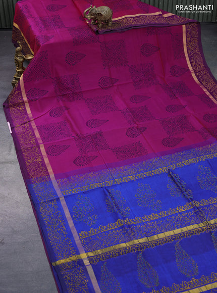 Silk cotton block printed saree pink and blue with butta prints and zari woven simple border