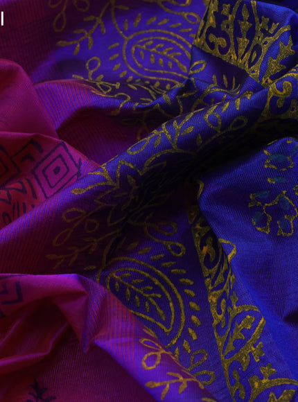 Silk cotton block printed saree pink and blue with butta prints and zari woven simple border