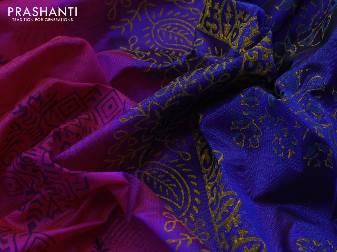 Silk cotton block printed saree pink and blue with butta prints and zari woven simple border