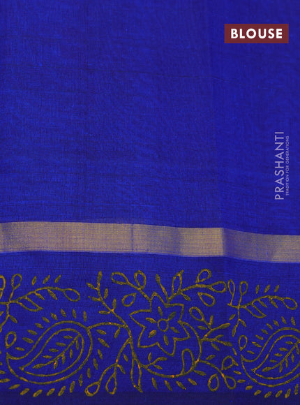 Silk cotton block printed saree pink and blue with butta prints and zari woven simple border