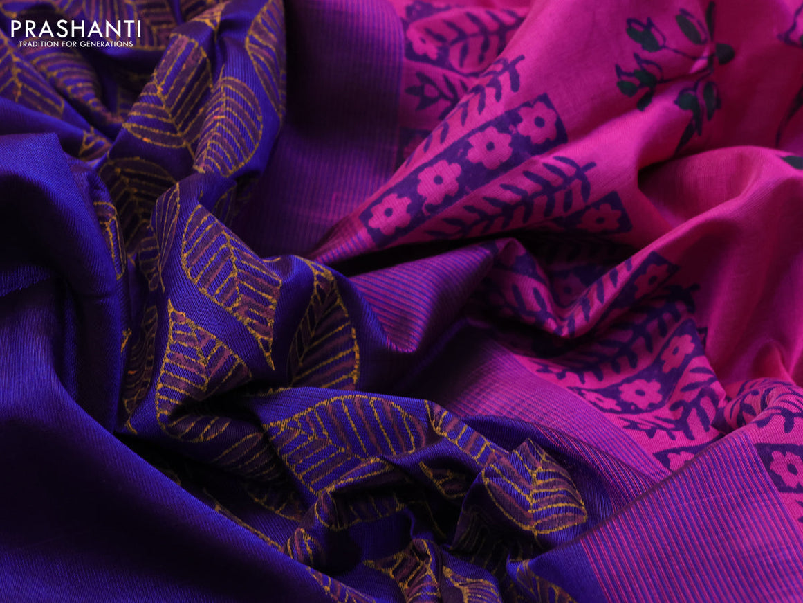 Silk cotton block printed saree blue and pink with leaf butta prints and zari woven simple border