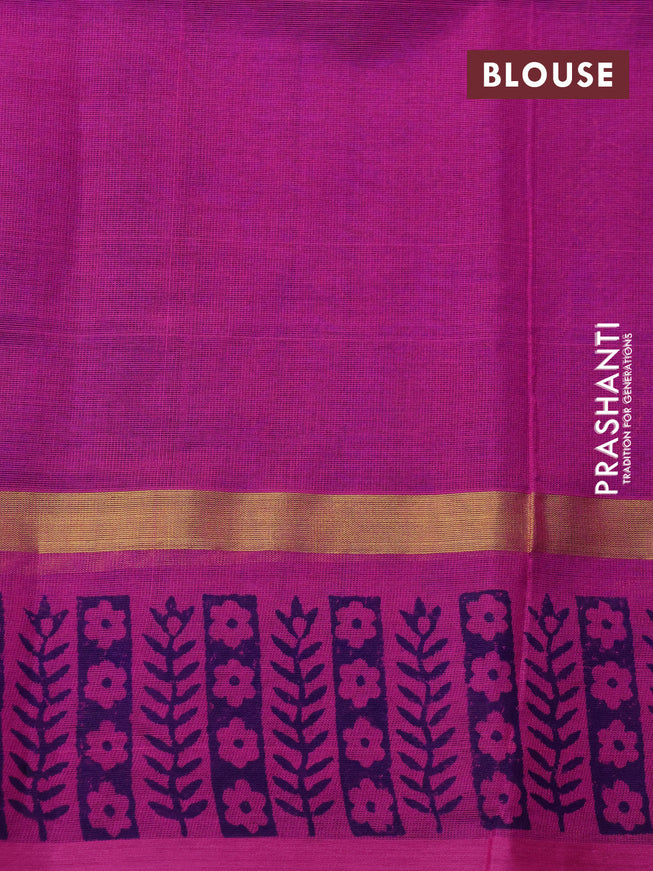 Silk cotton block printed saree blue and pink with leaf butta prints and zari woven simple border