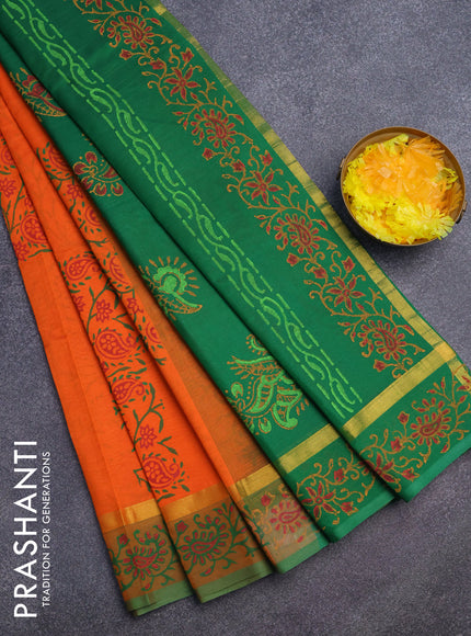 Silk cotton block printed saree orange and green with allover prints and zari woven simple border