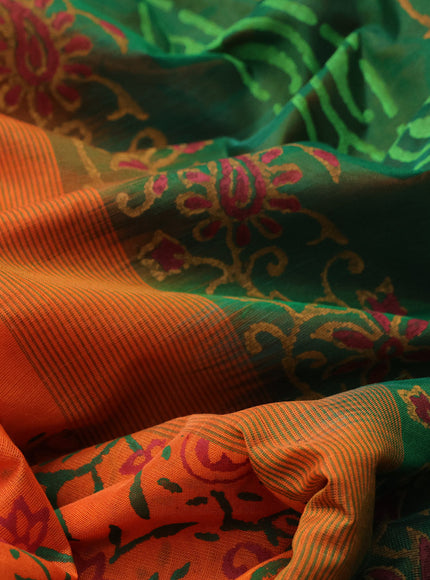 Silk cotton block printed saree orange and green with allover prints and zari woven simple border