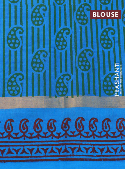 Silk cotton block printed saree green and cs blue with paisley butta prints and zari woven simple border