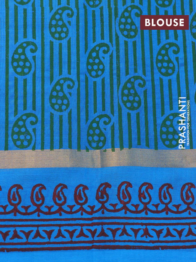 Silk cotton block printed saree green and cs blue with paisley butta prints and zari woven simple border