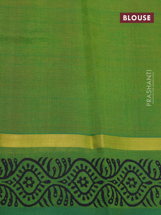 Silk cotton block printed saree red and green with allover floral prints and zari woven simple border