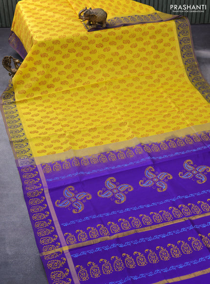 Silk cotton block printed saree yellow and violet with paisley butta prints and zari woven simple border