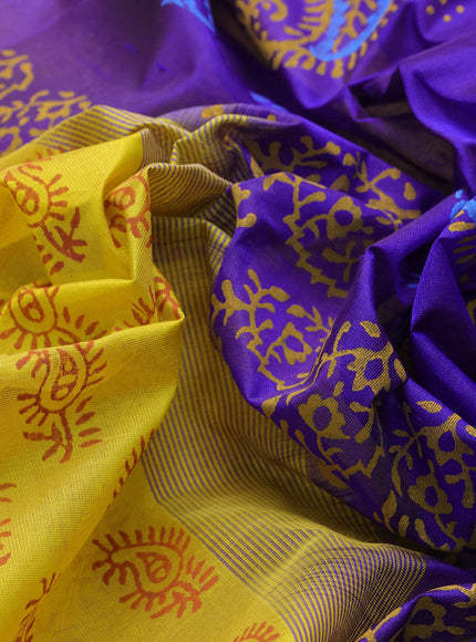 Silk cotton block printed saree yellow and violet with paisley butta prints and zari woven simple border