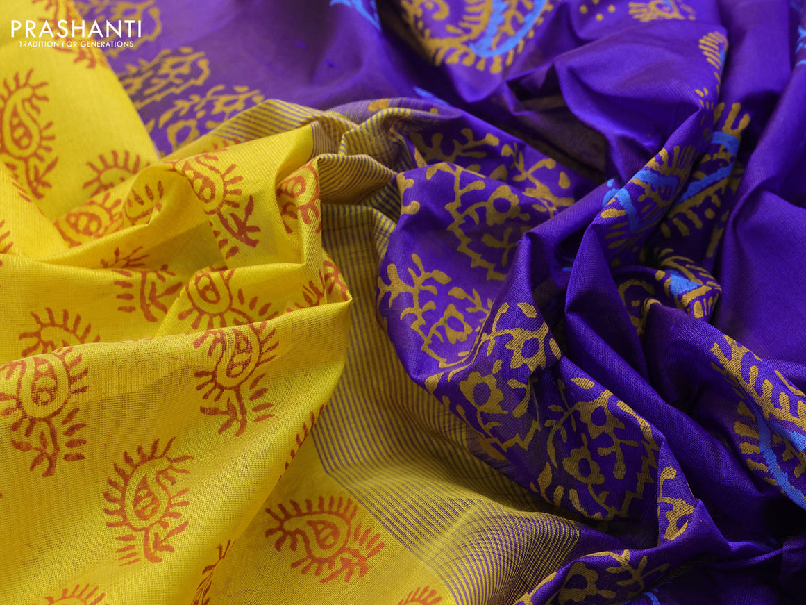 Silk cotton block printed saree yellow and violet with paisley butta prints and zari woven simple border