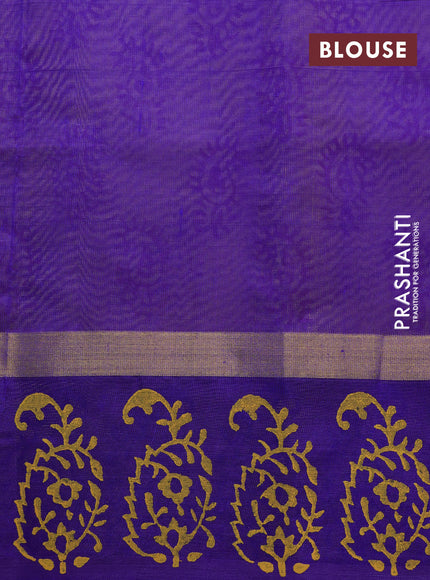 Silk cotton block printed saree yellow and violet with paisley butta prints and zari woven simple border