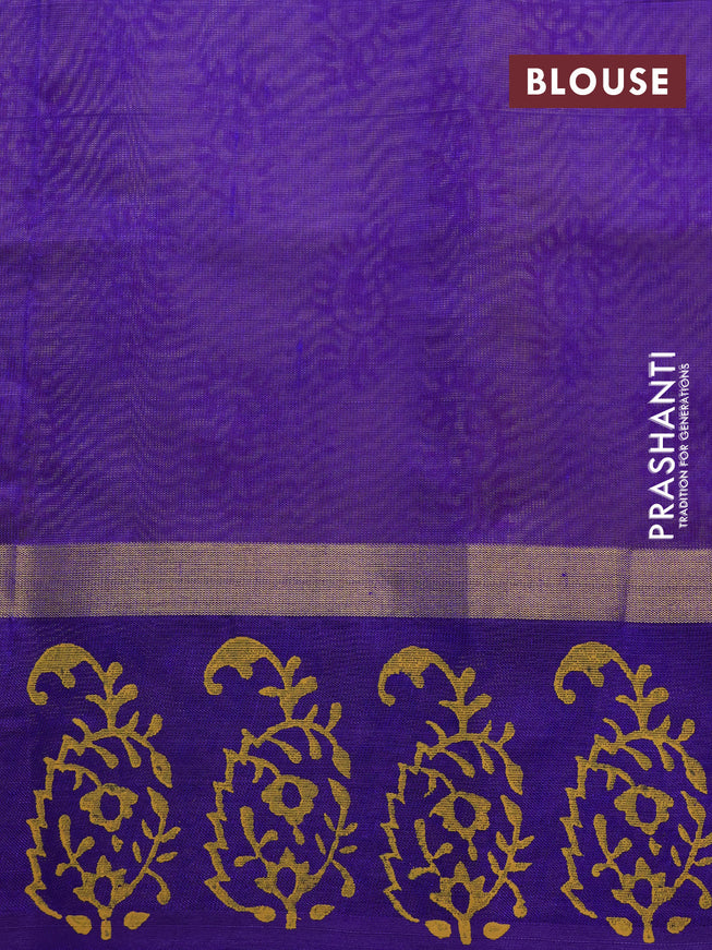 Silk cotton block printed saree yellow and violet with paisley butta prints and zari woven simple border