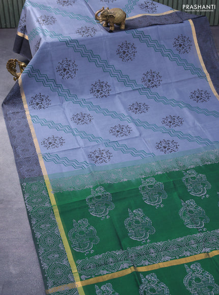 Silk cotton block printed saree grey and green with allover prints and zari woven simple border