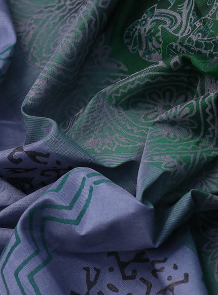 Silk cotton block printed saree grey and green with allover prints and zari woven simple border