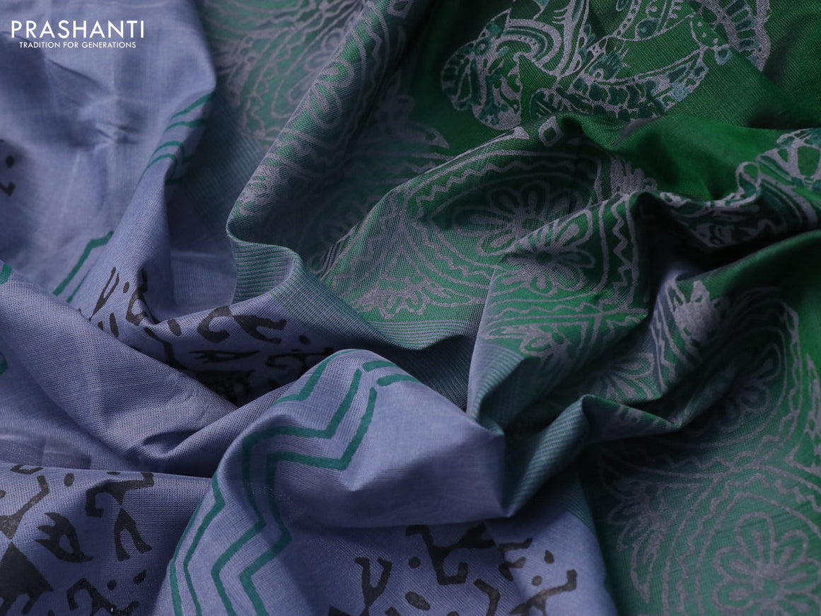 Silk cotton block printed saree grey and green with allover prints and zari woven simple border