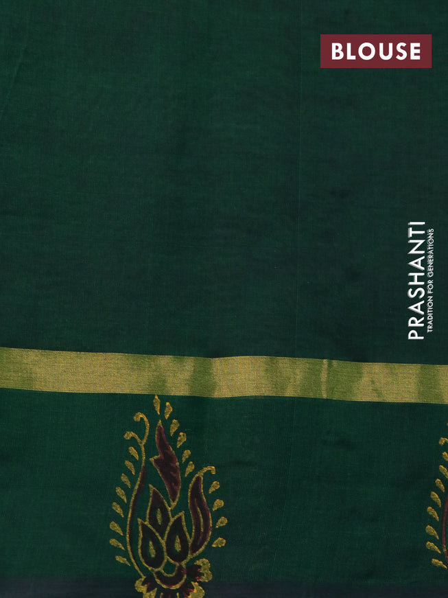 Silk cotton block printed saree grey and green with allover prints and zari woven simple border