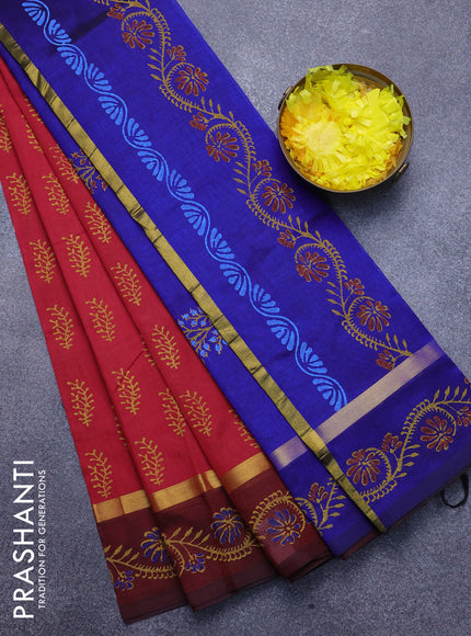 Silk cotton block printed saree red and maroon blue with allover butta prints and zari woven simple border