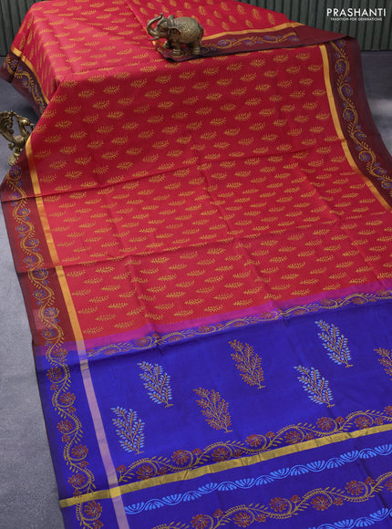 Silk cotton block printed saree red and maroon blue with allover butta prints and zari woven simple border