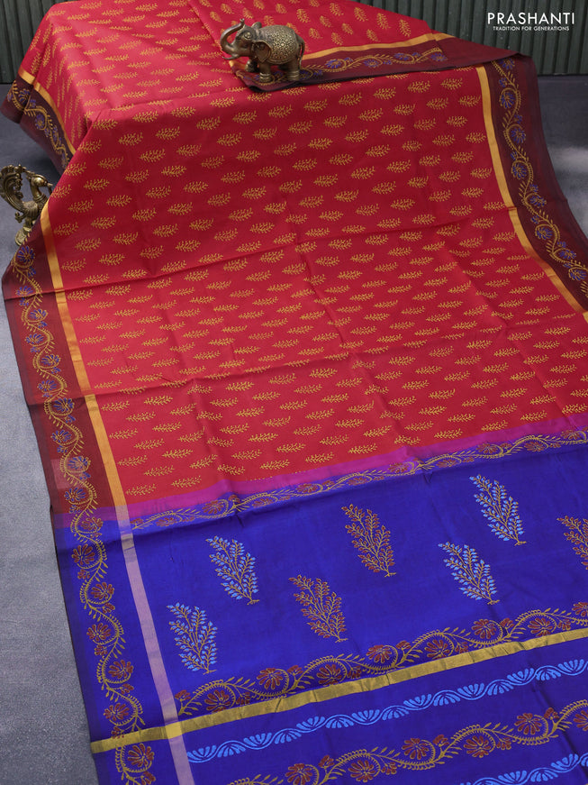 Silk cotton block printed saree red and maroon blue with allover butta prints and zari woven simple border