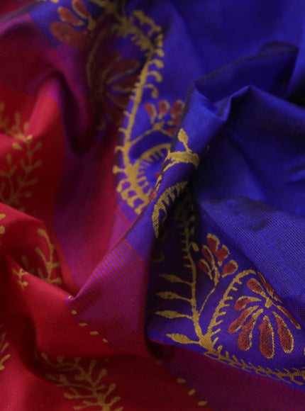 Silk cotton block printed saree red and maroon blue with allover butta prints and zari woven simple border