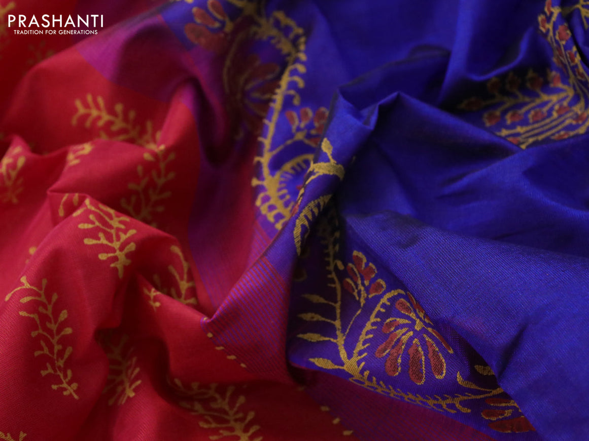 Silk cotton block printed saree red and maroon blue with allover butta prints and zari woven simple border