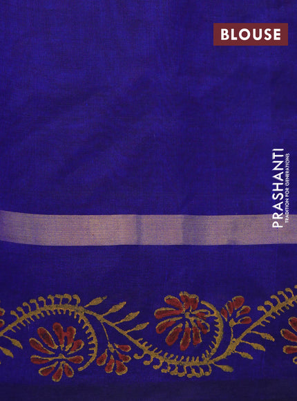 Silk cotton block printed saree red and maroon blue with allover butta prints and zari woven simple border